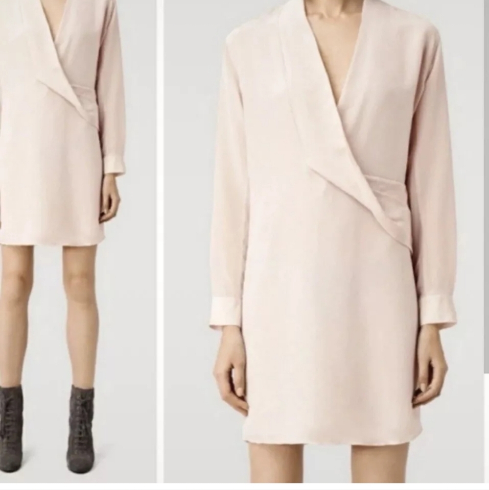 Allsaints Walton Shirt Dress Size 4 light tan silk